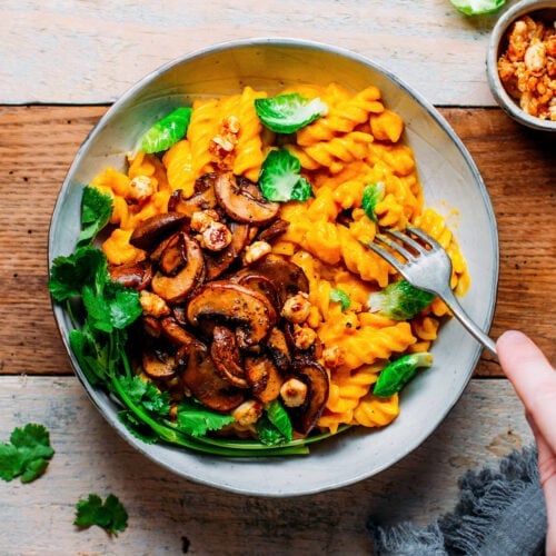 Creamy Pumpkin Pasta with Caramelized Hazelnut Mushrooms