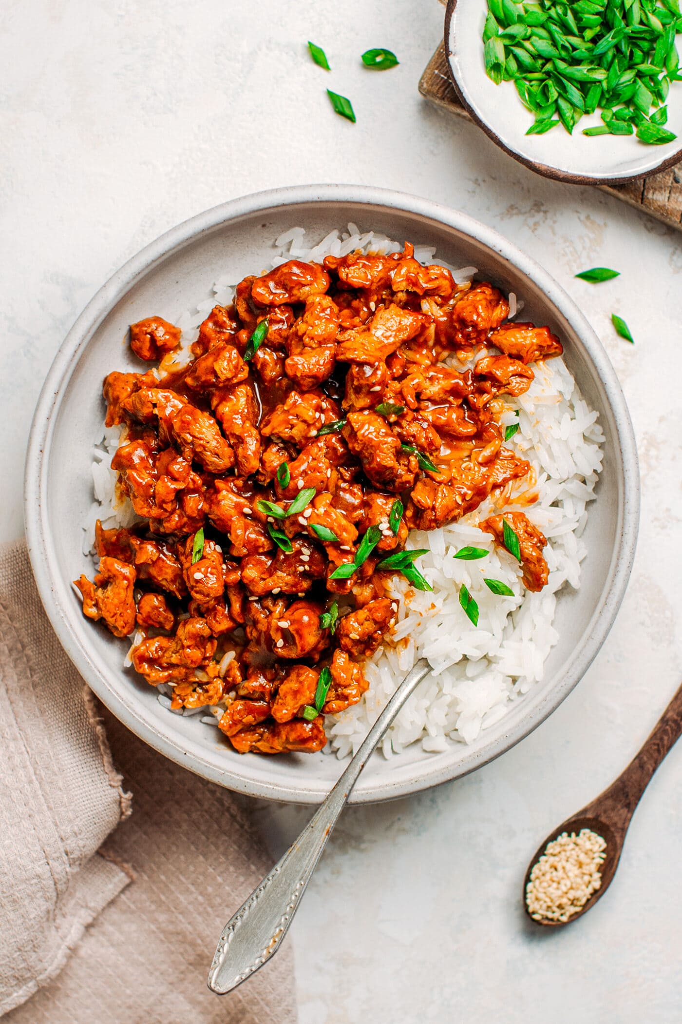 Soy curls on top of white rice.