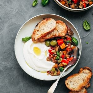 Eggplant Caponata with Garlic Yogurt Sauce