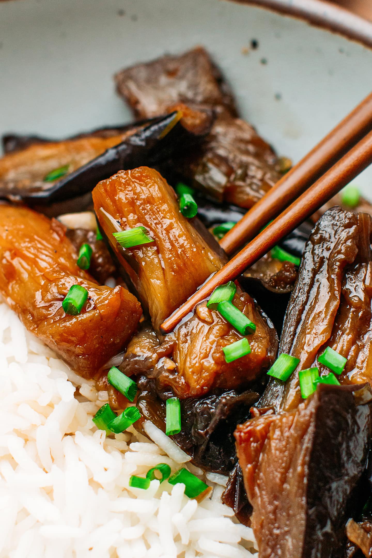 Close-up of sliced eggplants with chopped scallions.