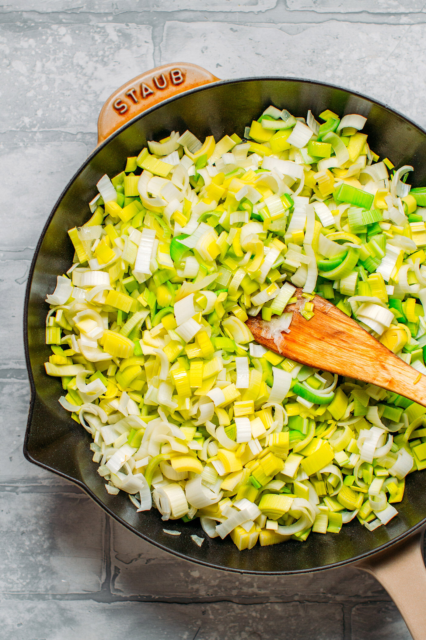 Sliced leeks in a skillet