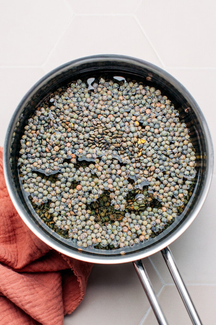 Uncooked green lentils in a saucepan.