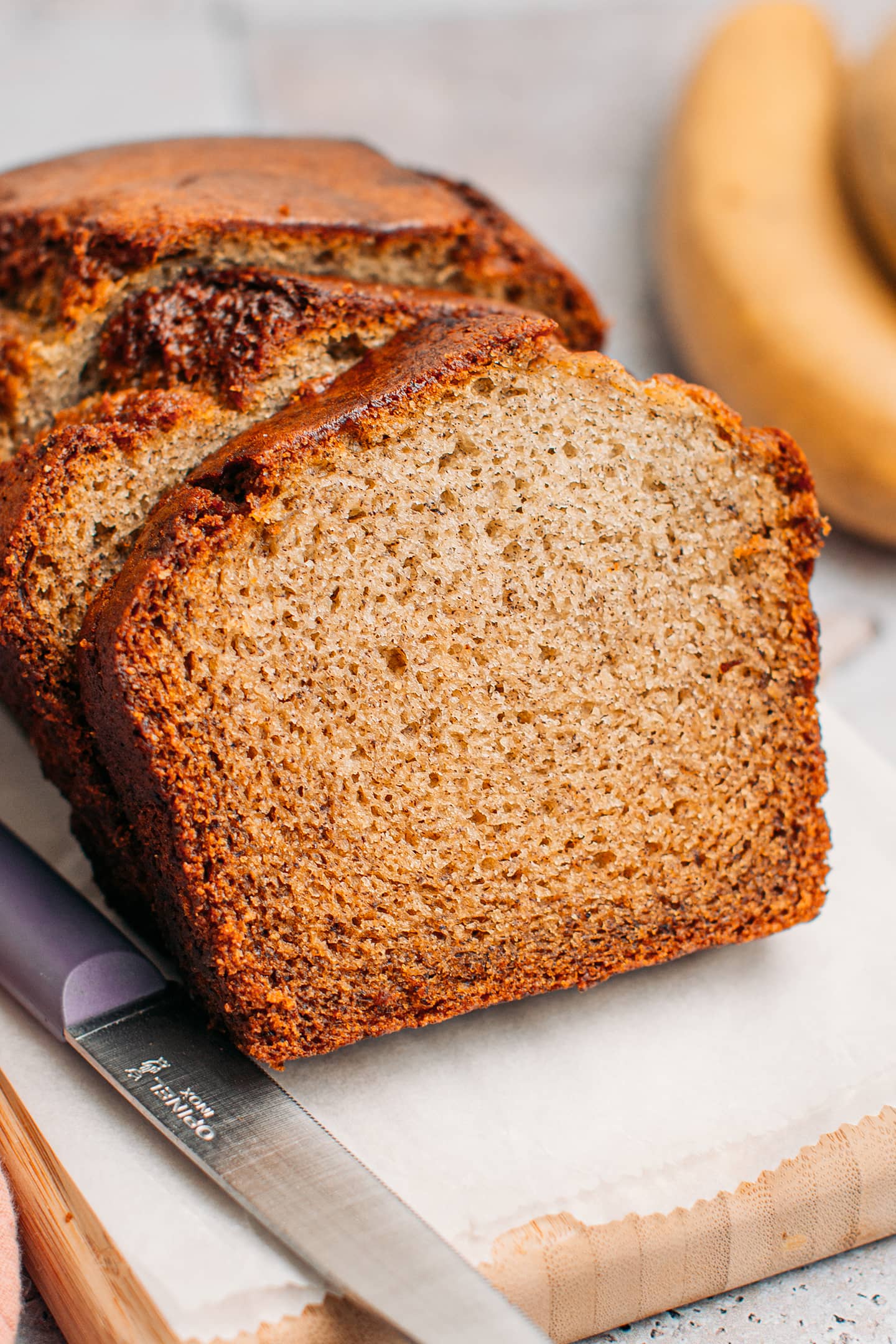 Sliced vegan banana bread.