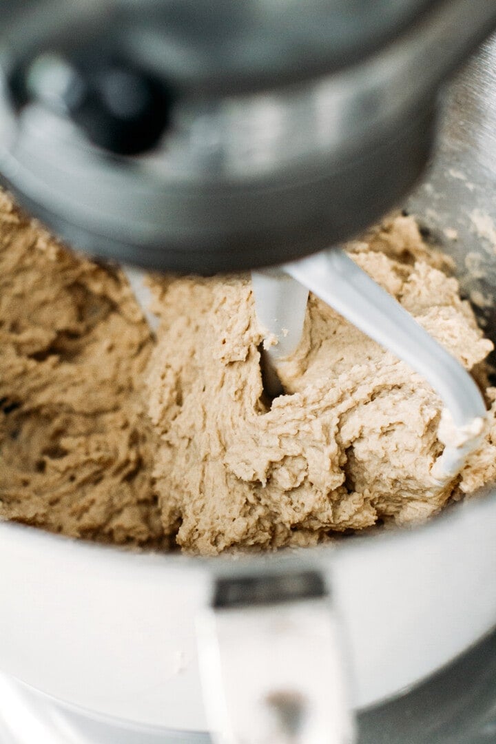 Seitan in the bowl of a stand mixer.