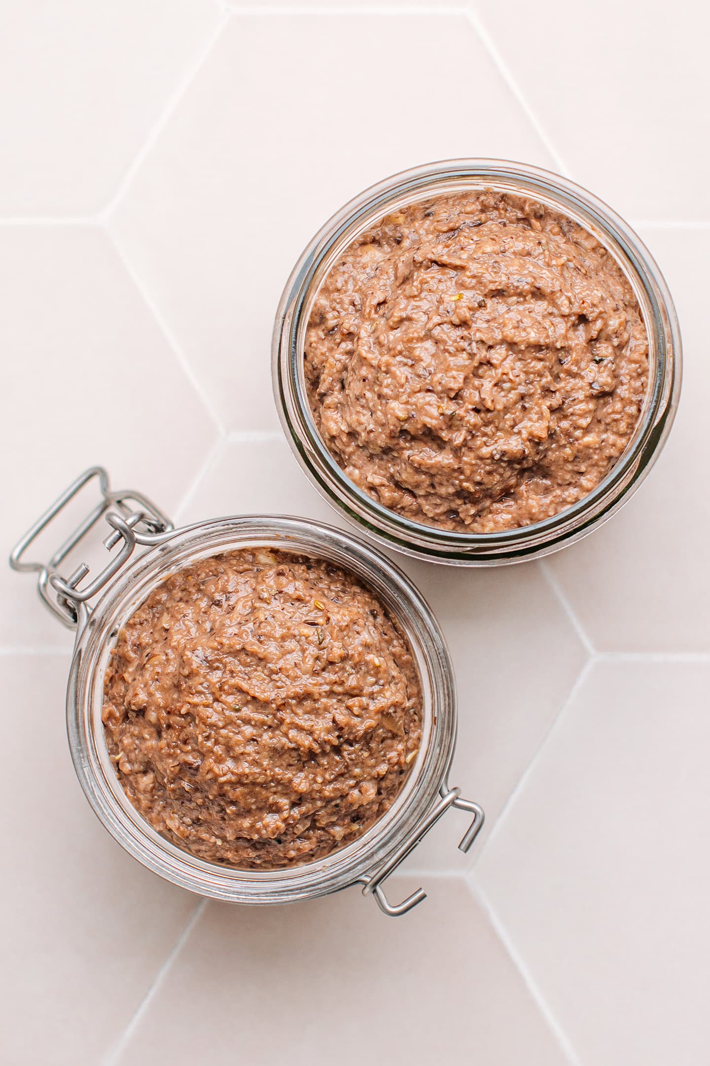 Uncooked vegan paté in jars.