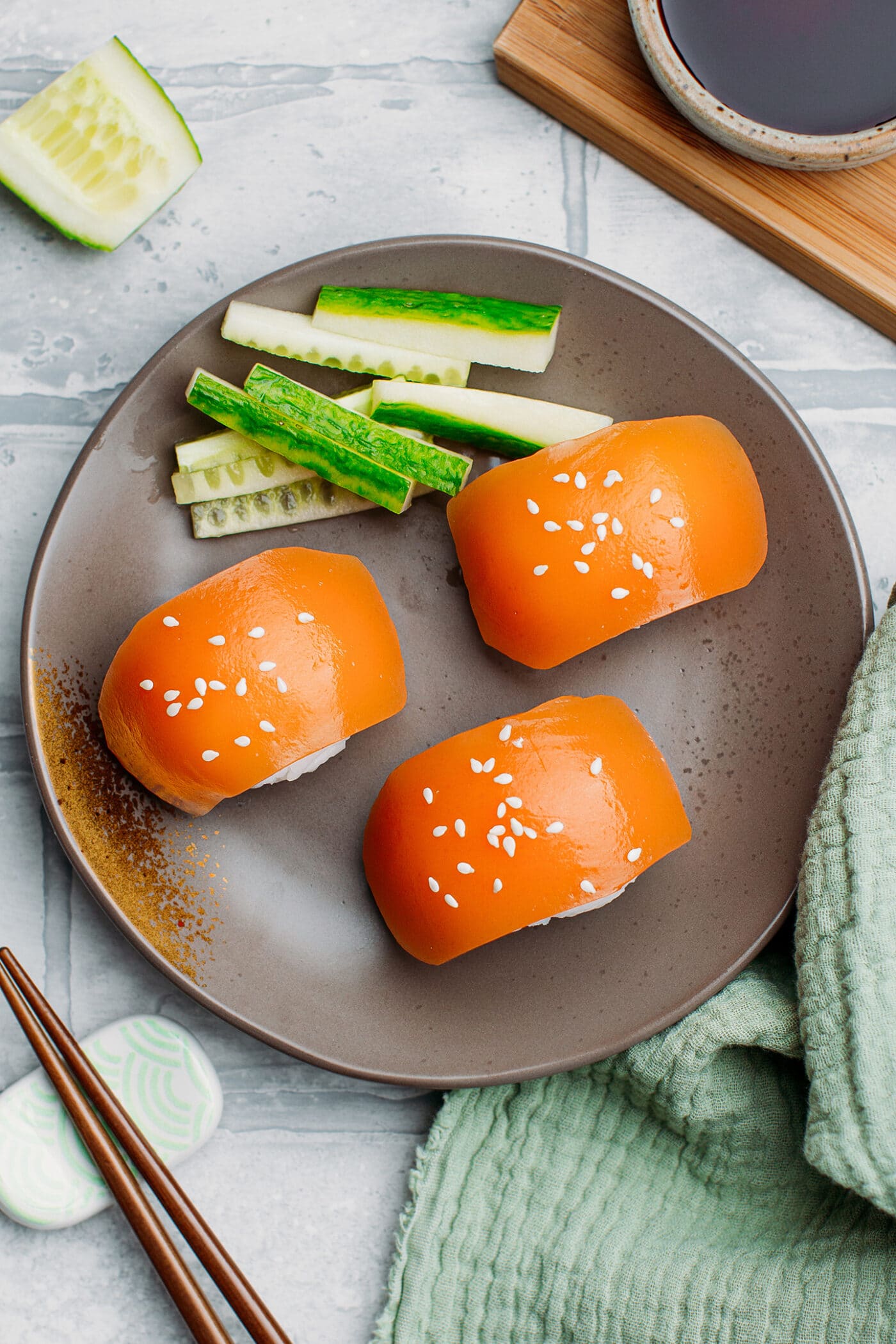 Vegan sashimi topped with sesame seeds.