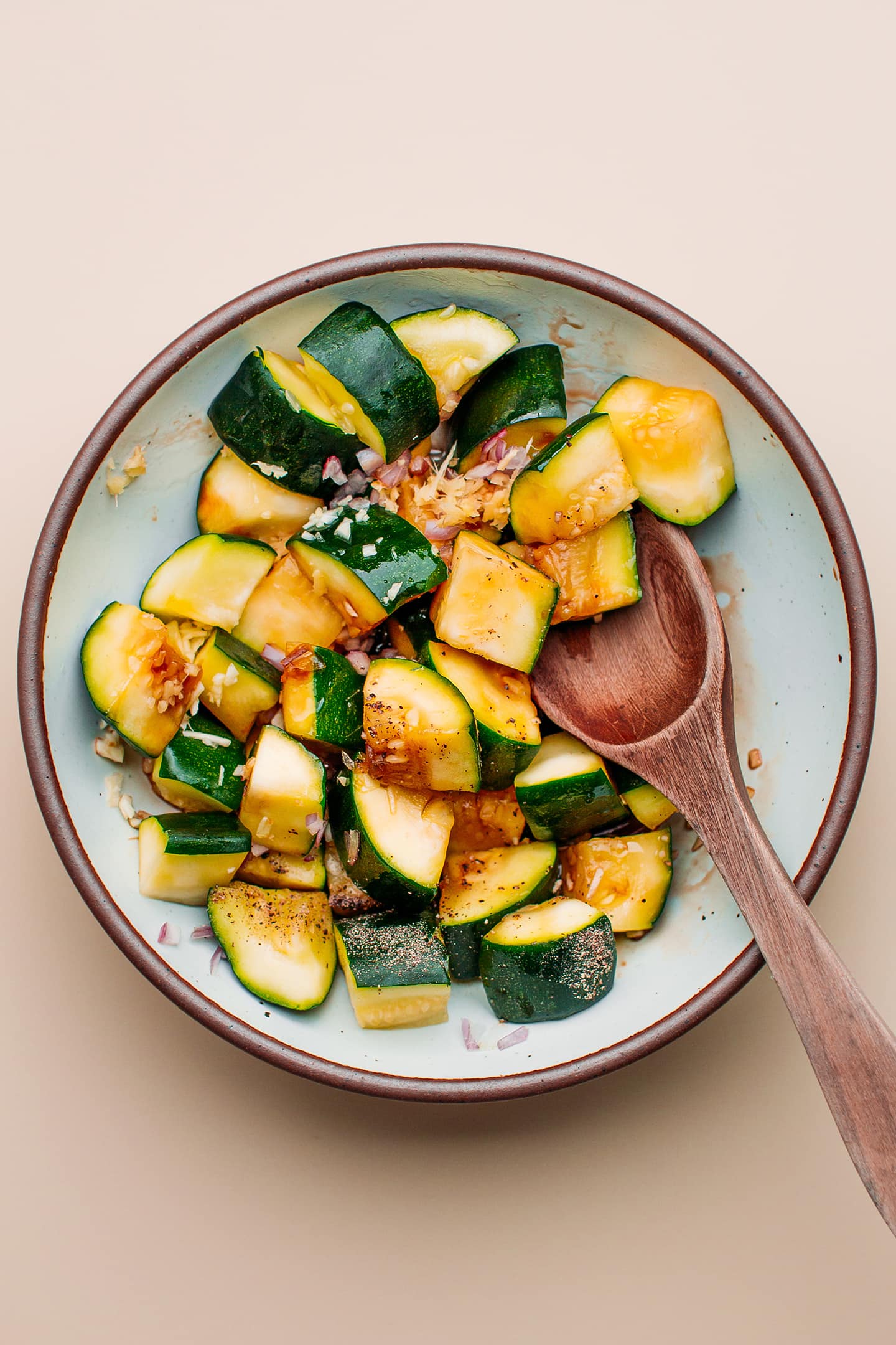 Diced zucchini tossed with soy sauce, garlic, and ginger.