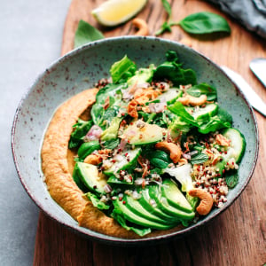 Quinoa Green Salad with Buffalo Eggplant Dip