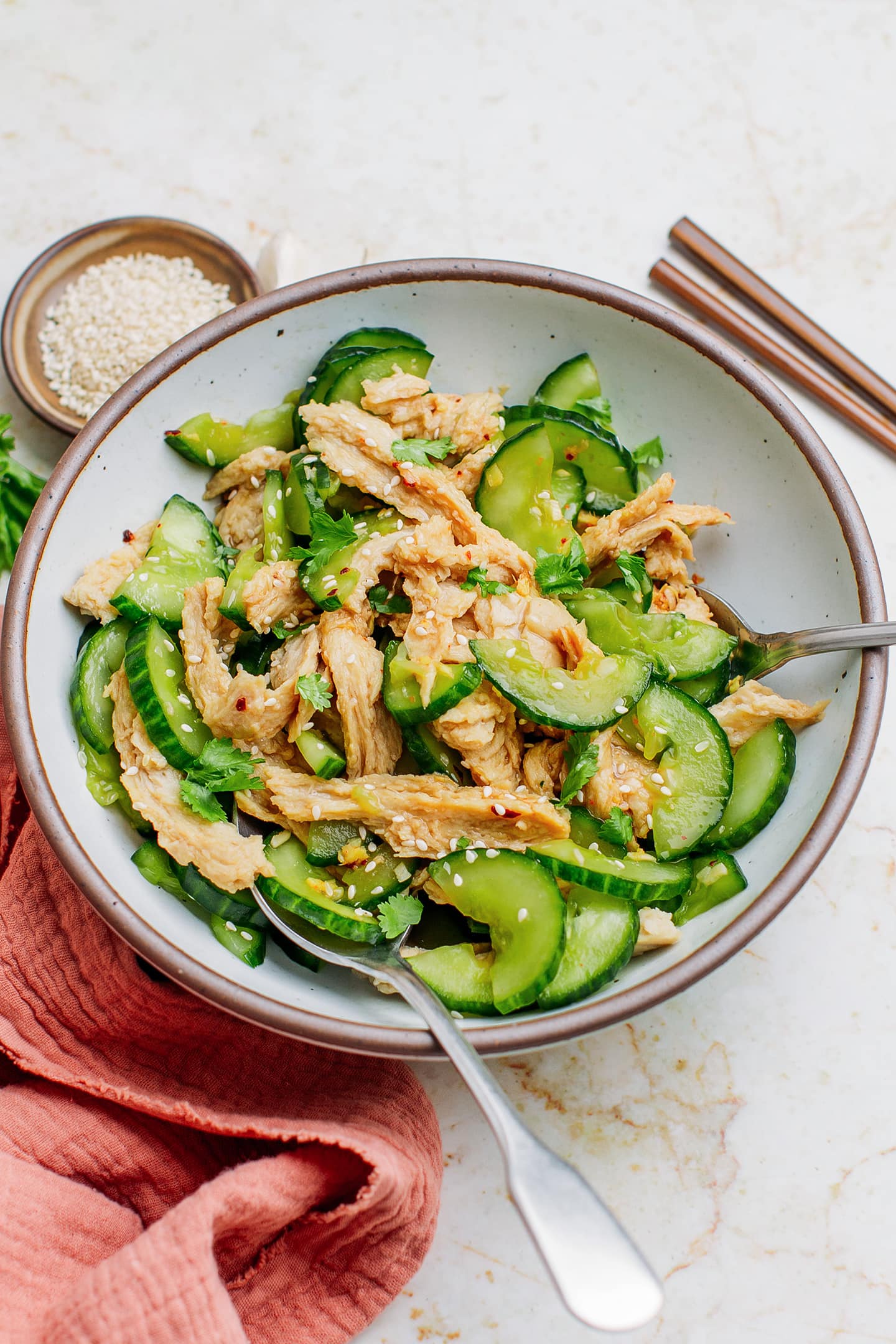 Vegan chicken cucumber salad in a bowl.