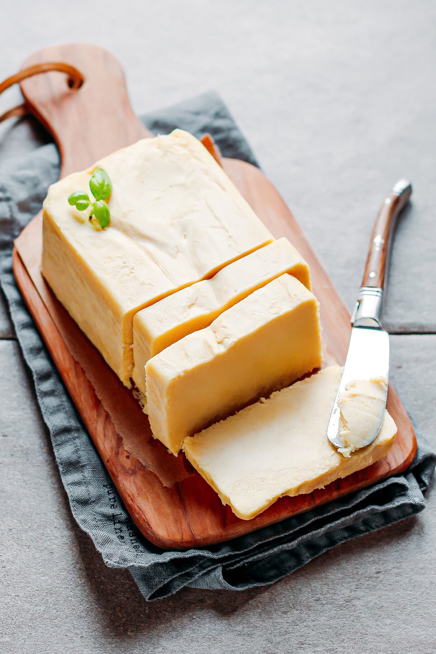 Vegan Cultured Butter on a wooden board.