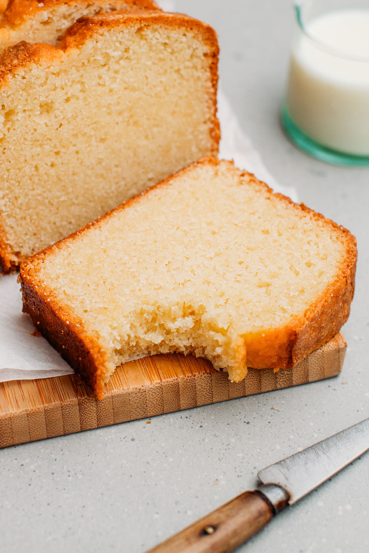 Close-up of a bite of vegan pound cake.