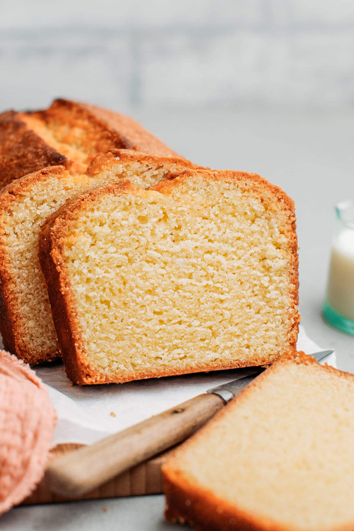 Close-up of a slice of vegan pound cake.