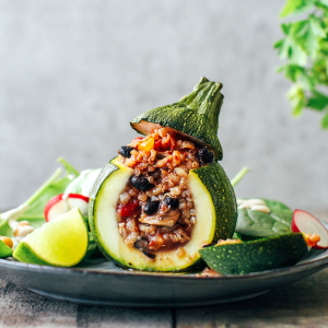 Three-Grain Enchilada Stuffed Zucchini