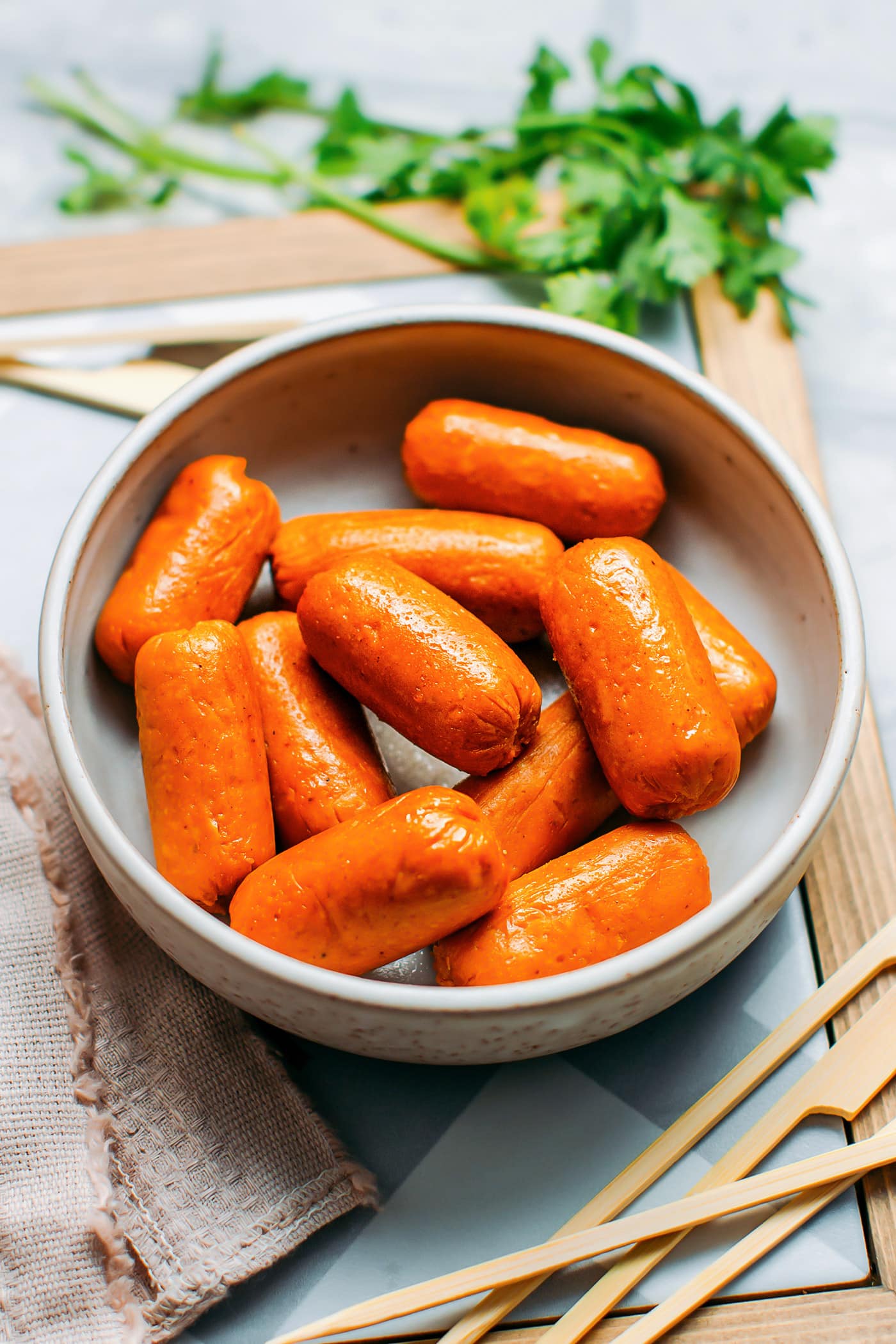 Vegan Sausages in a bowl