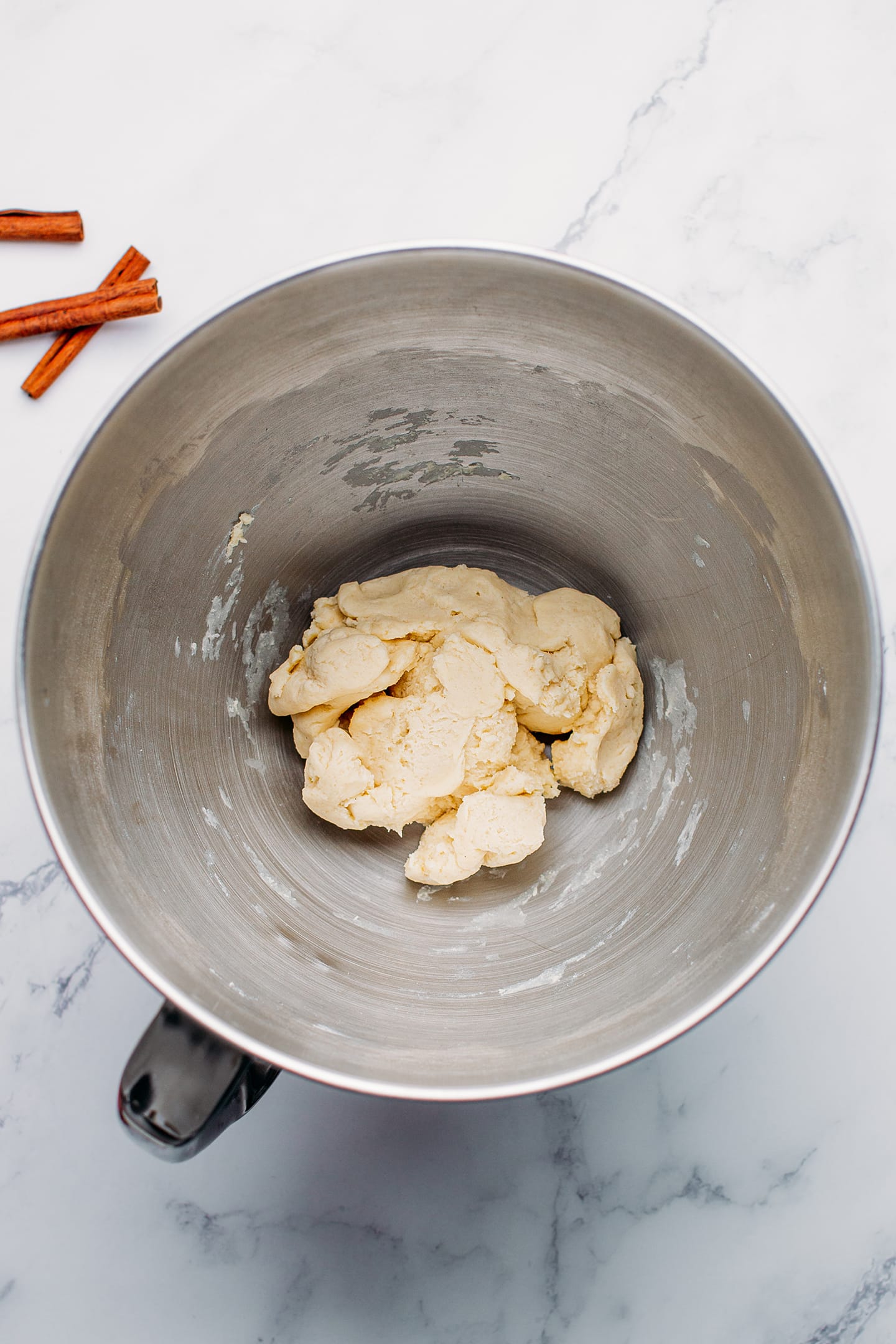 Pastry crust in a stand mixer.