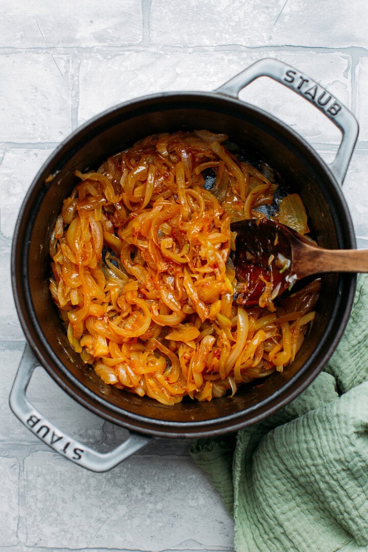 Caramelized onions in a pot.