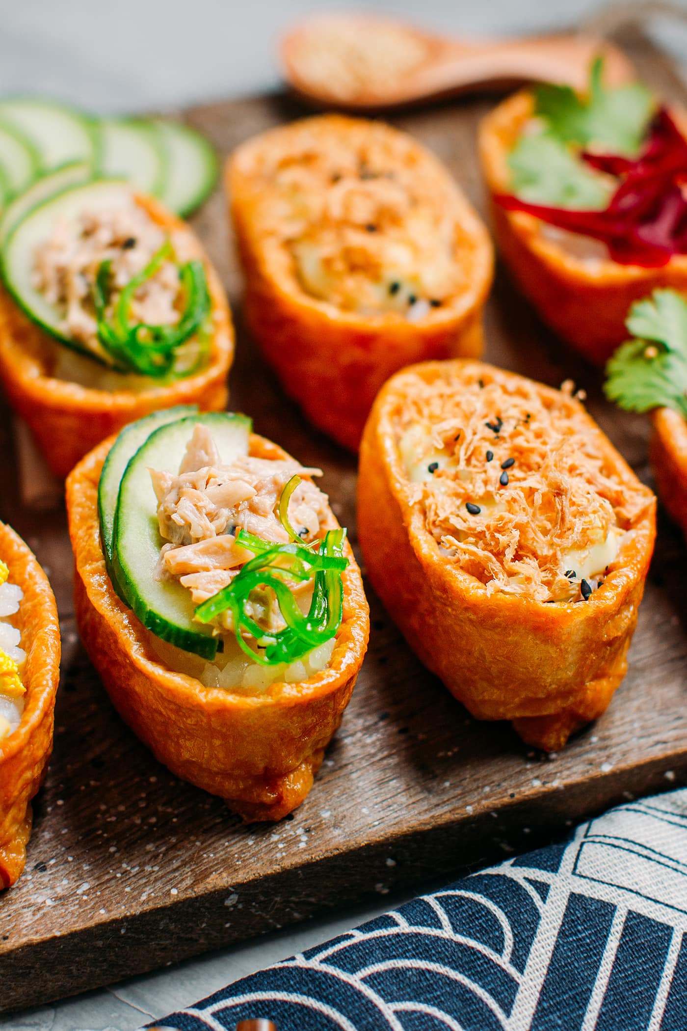 Inari sushi with vegan meat floss and jackfruit tuna.