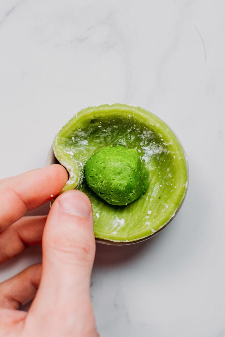 Mochi with matcha filling on top.