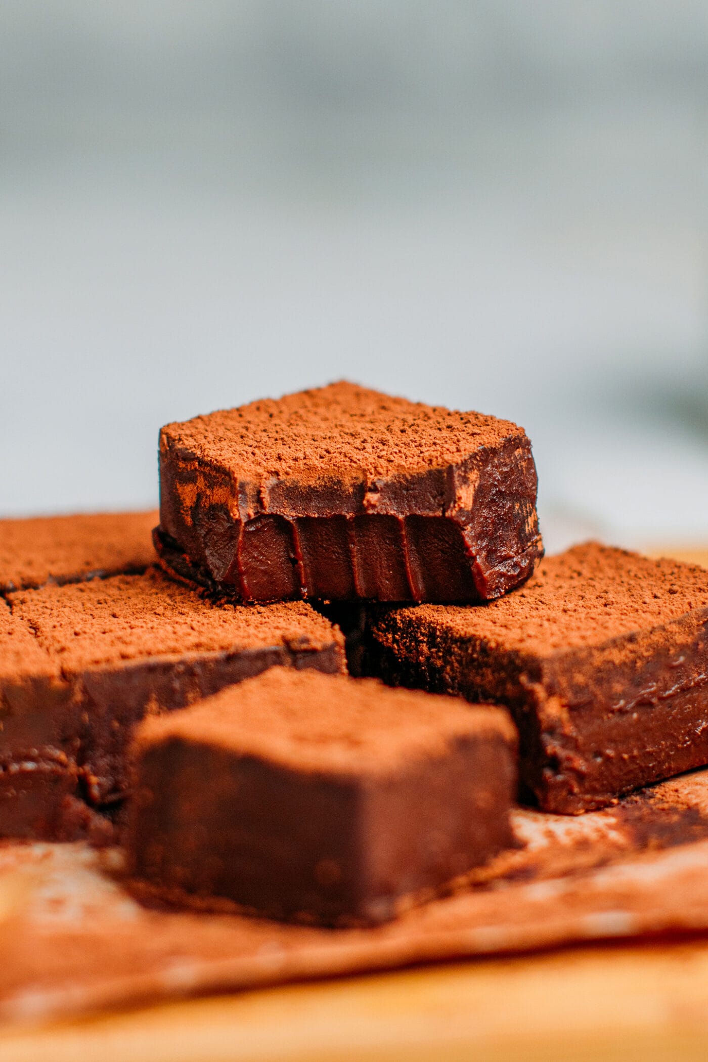 Chocolate truffle squares with a bite.