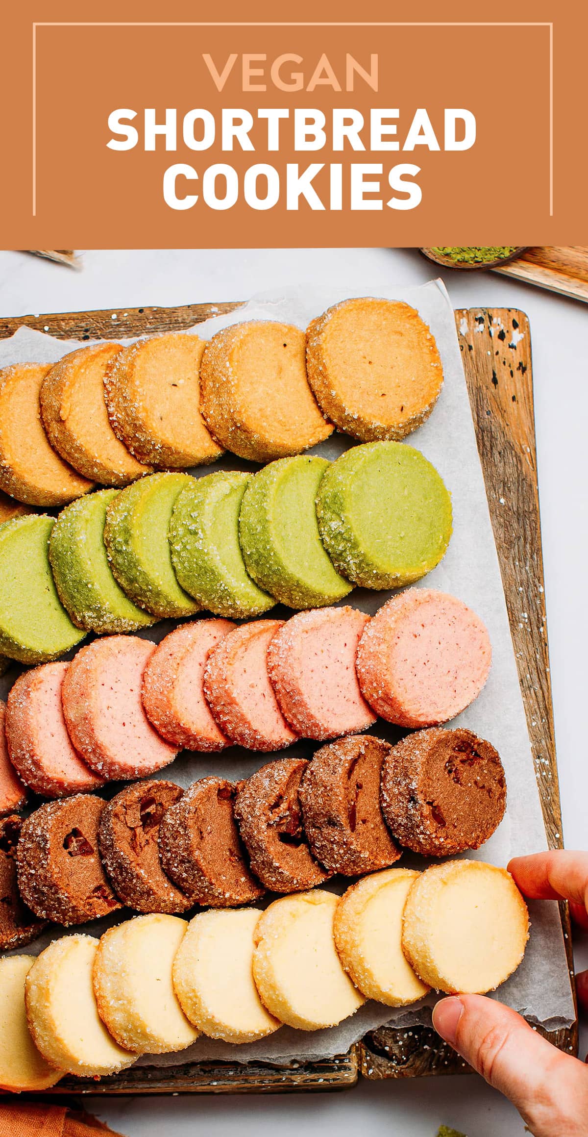 Buttery and crunchy vegan shortbread cookies made in 1 bowl with just 6 ingredients! Plus I'm sharing 5 ways to flavor the cookies! #cookies #shortbread #vegan #plantbased